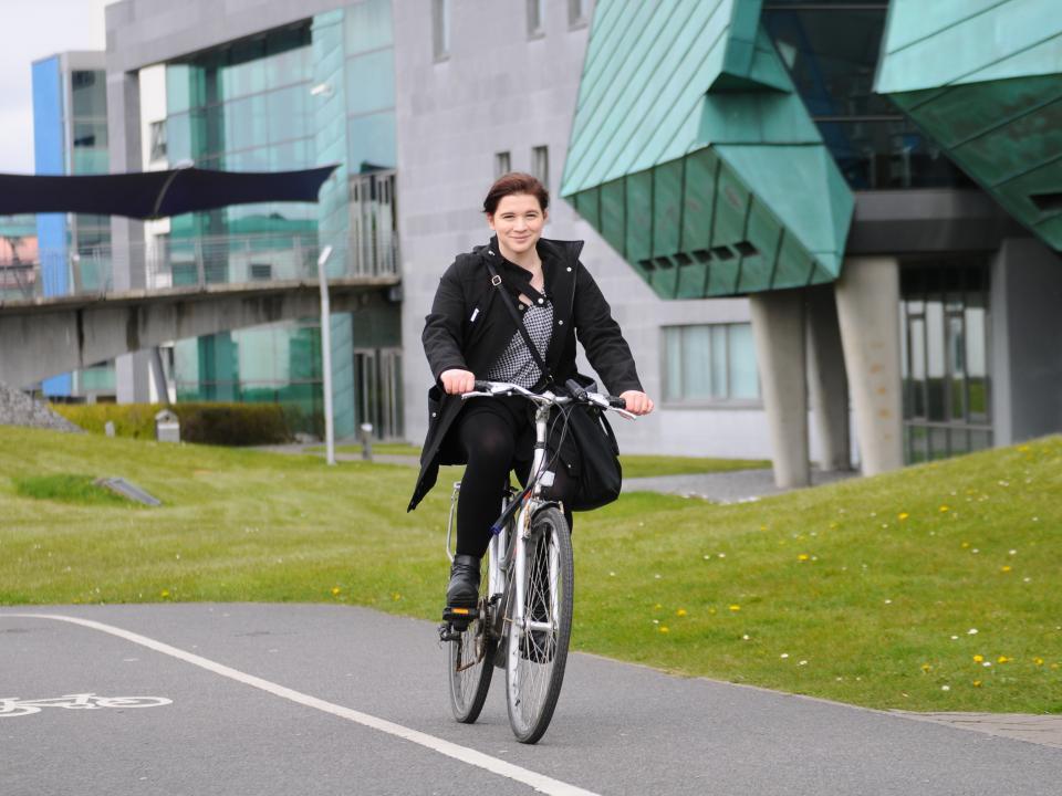 Student on bike at GMIT Galway campus