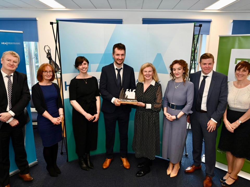 <p>Pictured at the awards ceremony are the School of Science and Computing team with HEA staff, after winning the National Forum’s Disciplinary Excellence in Learning, Teaching and Assessment (DELTA) Award. L to R: Tim Conlon, Head of Policy and Strategic Planning at the Higher Education Authority, Anne Downes, ATU, Dr Aisling Crowley, ATU; Dr Cormac Quigley, ATU, Dr Lynn Ramsey, Chair – National Forum, Dr Etain Kiely, ATU, Dr Eugene McCarthy, ATU, and Dr Michelle Glacken, ATU.</p>
