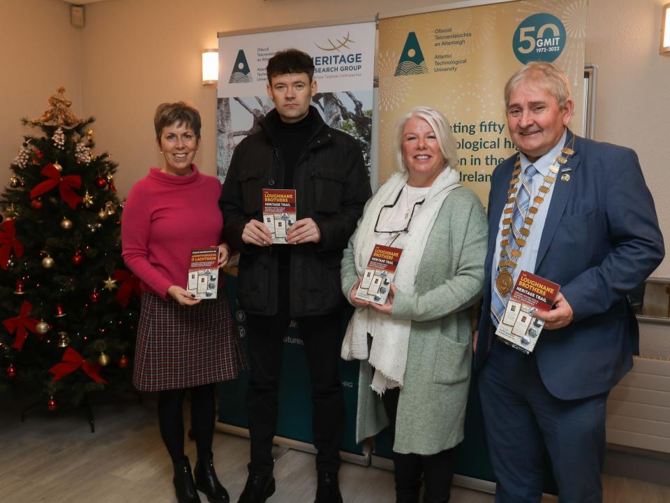 <p>L to R: Dr Orla Flynn, President, Atlantic Technological University; Dr Mark McCarthy, co-author, Senior Lecturer & Programme Chair in Heritage, ATU Galway City; Dr Eilish Kavanagh, co-author, ATU Heritage Research Group; Cllr Michael (Moegie) Maher, Cathaoirleach of the County of Galway</p>
