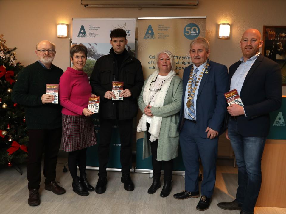 <p>L to R: Dr John Tunney, Lecturer in Heritage, ATU Galway City; Dr Orla Flynn, President, ATU; Dr Mark McCarthy, co-author, Senior Lecturer & Programme Chair in Heritage, ATU Galway City; Dr Eilish Kavanagh, co-author, ATU Heritage Research Group; Cllr Michael (Moegie) Maher, Cathaoirleach of the County of Galway; Diarmuid Ó Conghaile, Head of Department of Heritage & Tourism, ATU Galway City</p>
