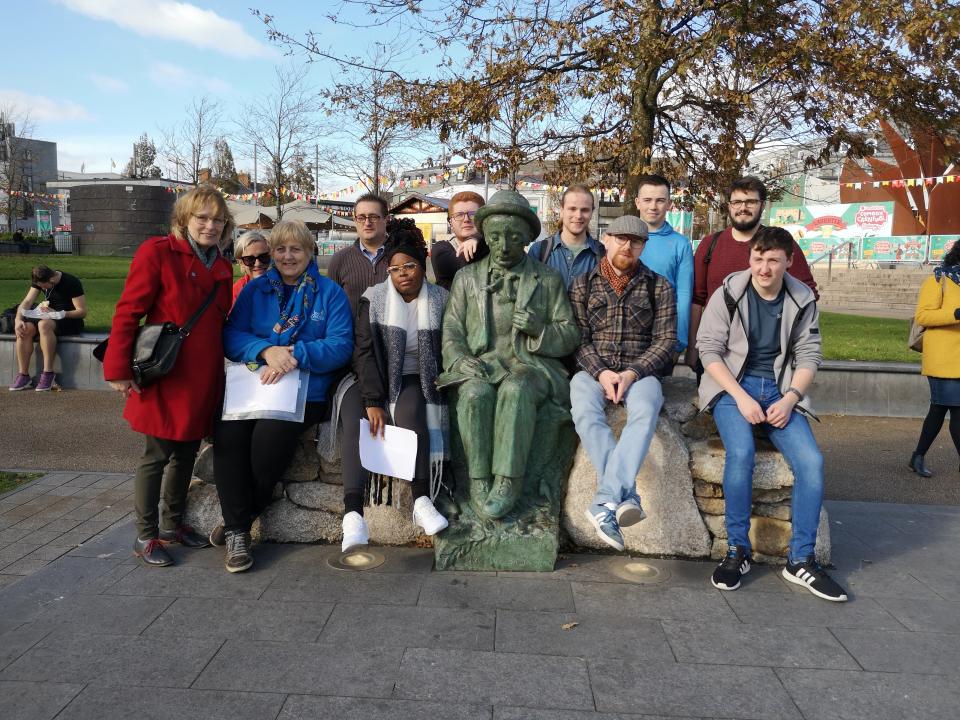 Heritage group at Padraic Ó Conaire statue Galway