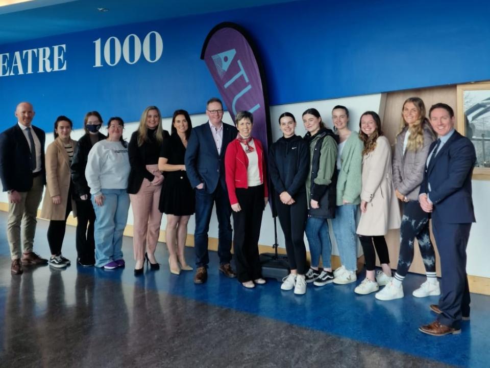 <p>Photo caption: [Photo by ATU staff]<br />
Atlantic TU students with ATU President Dr Orla Flynn (centre right) and Michael Moloney, CEO Galway Races (centre left), pictured with L to R:  Diarmuid Ó Conghaile, Head of Dept, Galway International Hotel School; students Laura O’Dwyer, Katelynn Delargy and Aisling Carney; Ria Tansey, Sales & Marketing Executive, Galway Races; Sinéad Cassidy, Sales & Marketing Manager, Galway Races; students Skye Stagno Navarra, Kerryn O’Sullivan, Emer Leonard, Lauren Shaughnessy and Angelica Wilcox; John Carty, lecturer, Galway International Hotel School. The students are all studying 4th year BB (Hons) in Event Management with Public Relations<br />
 </p>
