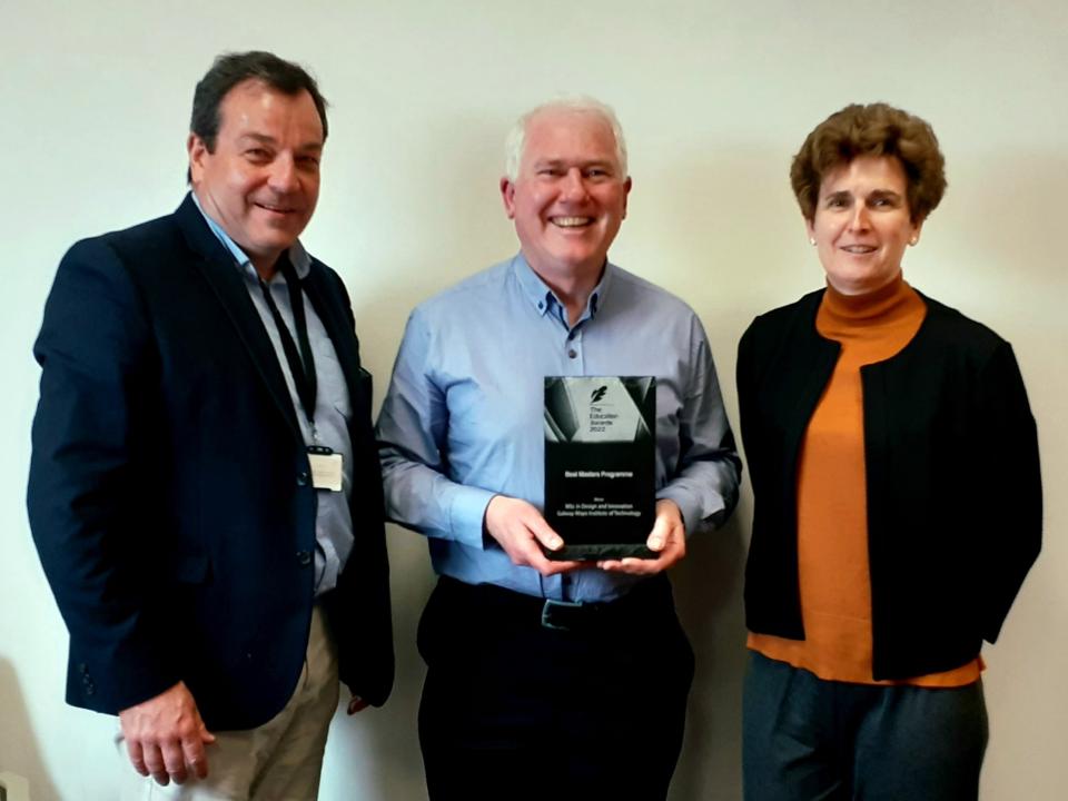 <p>Dr Martin Taggart, lecturer, Dr Gabriel J Costello, Chair of the Master in Design and Innovation programme and lecturer, holding the “Best Master Programme” award and Emer Cahill, lecturer, Atlantic Technological University (ATU), Galway campus. [Photo: ATU staff].</p>
