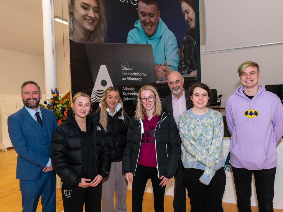 <p>L to R: Justin Kerr (left), Vice President of GMIT Mayo and Head of the ATU School of Health Science, Wellbeing & Society, students Tirna Connors, Dungarvan, Co Waterford, Anna Larkin Dunne, Kilkenny, Siobhan McInerney, Ennistymon, Co Clare, Dr Alan Wall, CEO Higher Education Authority (HEA), students Niamh Ward, Castlebar, Co Mayo and Krystian Parecki, Granard, Co Longford, at the launch of Atlantic TU in April. [Photo: Keith Heneghan. No repro fee.]</p>
