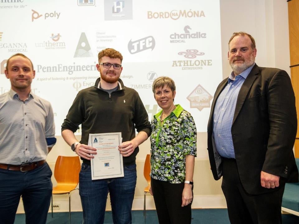 <p>Dylan Farrell, Mechanical Engineer, Thermo King; student Michael Melly, Ballyshannon, Co Donegal, Energy Engineering poster competition winner; Dr Orla Flynn, President of the ATU; and Professor Graham Heaslip, Head of the Engineering School.</p>
