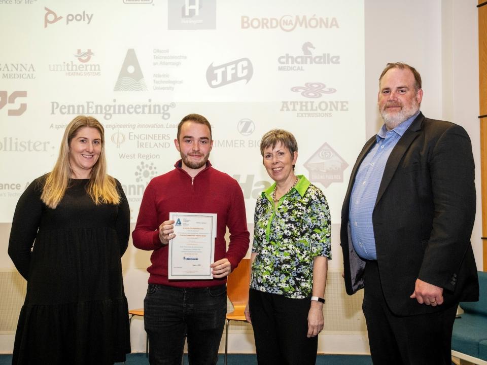 <p>Laura Beatty, Snr Talent Acquisition Manager, Medtronic; student Adam Hardy, Foxford, Co Mayo, Mechanical Engineering – Biomedical specialisation poster competition category winner; Dr Orla Flynn, President of ATU; and Professor Graham Heaslip, Head of the Engineering School.</p>
