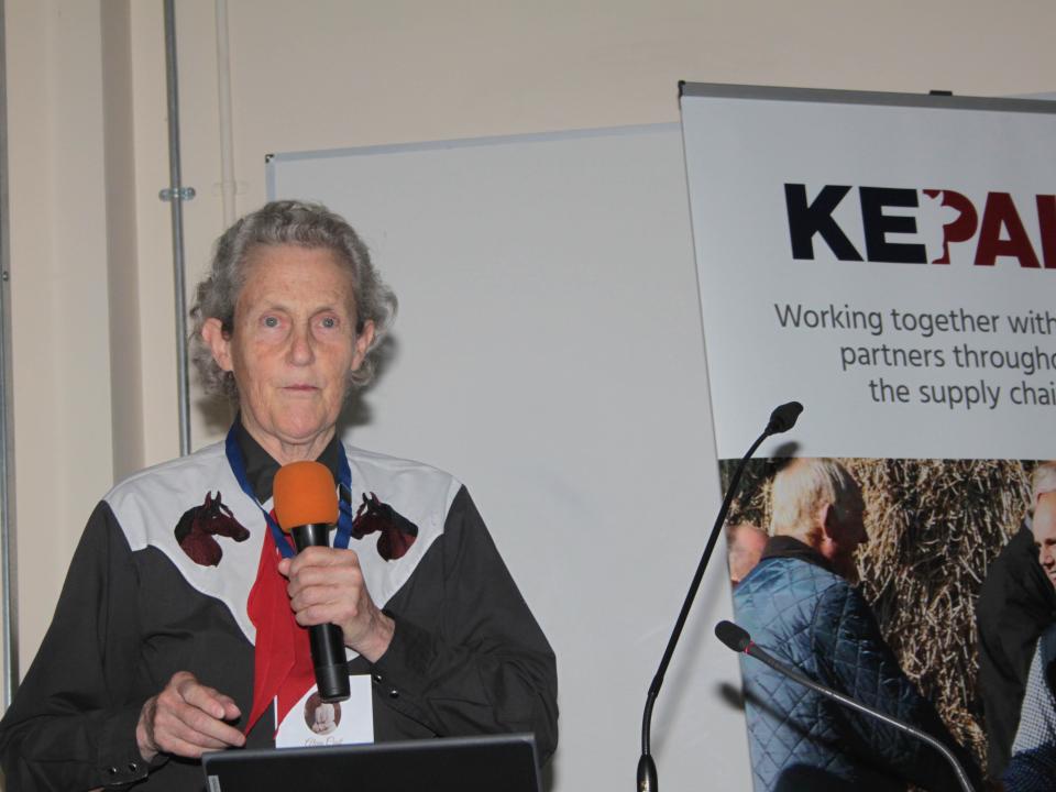 <p>Professor Temple Grandin, renowned scientist and animal behaviourist addressing the audience</p>
