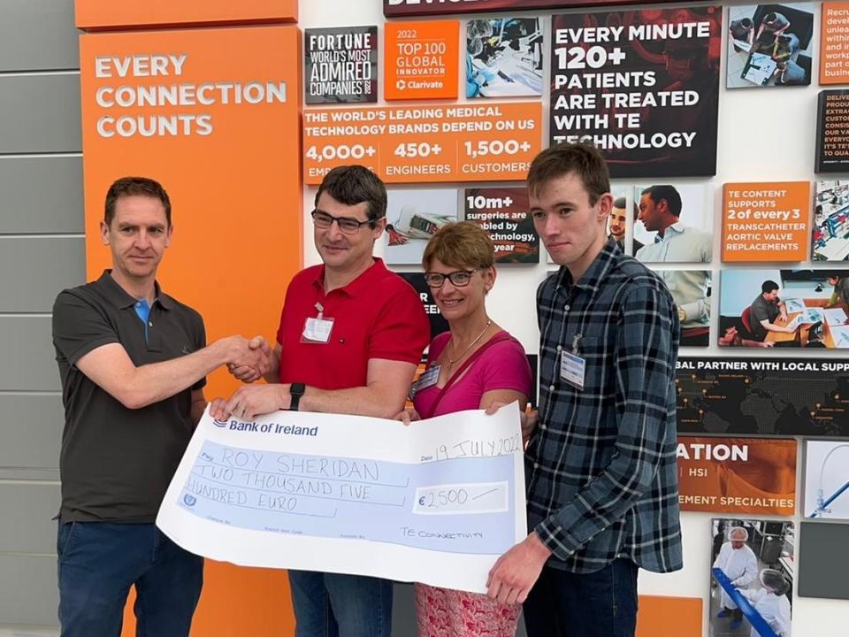 <p>L to R: Jason Dunne, Manufacturing Engineering Manager, TE Connectivity; Dr Oliver Mulryan, Head of Department, Mechanical and Industrial Engineering, ATU; Dr Carine Gachon, Transcend Project Manager, ATU, and student Roy Sheridan, bursary recipient.</p>
