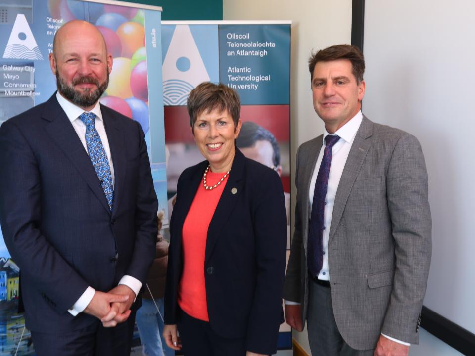 <p>Professor Philip Nolan, Director General, Science Foundation Ireland (SFI); Dr Orla Flynn, President, ATU; Dr Rick Officer, VP for Research & Innovation, ATU Galway-Mayo at the launch of the new PRTPs in the ATU Galway city campus.<br />
 </p>
