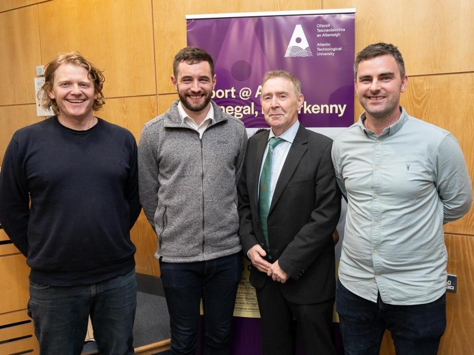 <p>Pictured at the second Concussion Conference at the ATU Donegal campus in May (2022),<br />
L to R: Dr Michael McCann, Caomhan Conaghan, Dr Kevin Moran and Dr Rónán Doherty.</p>
