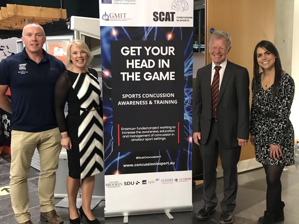 <p>Pictured at the first Concussion Conference at the Galway campus in March (2022), <br />
L to R: Ed Daly, Dr Lisa Ryan, Professor John Fairclough, Emma Finnegan.</p>
