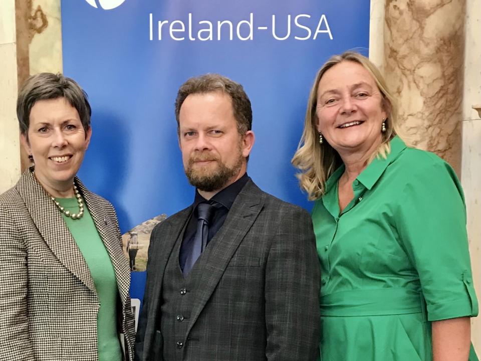 <p>L to R: ATU President Dr Orla Flynn; Executive Director of the Fulbright Commission in Ireland Dr Dara Fitzgerald; Fulbright Campus Ambassador Dr Rita Melia at the 2022-2023 Fulbright awards ceremony in Iveagh House Dublin in June 2022 </p>
