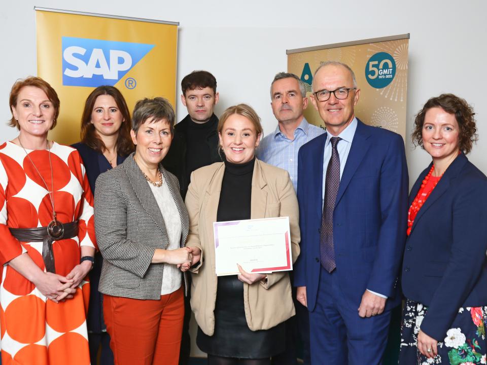 <p>Dr Orla Flynn, President of ATU, and Liam Ryan, Managing Director of SAP Labs Ireland, with Grainne Harte from Bofeenaun, Co Mayo, winner of the best academic poster in the category “Digital media for organisations, individuals, and society” pictured with  staff from ATU and MTU.</p>
