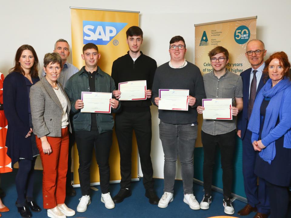 <p>Winners of the best academic poster in the category “Challenges for contemporary management”, L to R: Cillian Donnellan, Kilbannon, Co Galway, Liam McKiernan, Ballinagh, Co Cavan,  Conor Bourke, O’Brien’s Bridge, Co Limerick, and Alan Owens Tulsk, Co Roscommon, pictured with  ATU President Dr Orla Flynn, Managing Director of SAP Labs Ireland Liam Ryan, and staff from ATU and MTU.</p>
