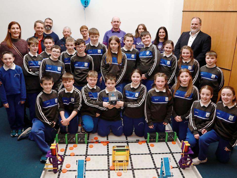 <p>Picture captions: [Photos by Sean Lydon]</p>

<p>Photo: Glencastle <br />
Glencastle NS pupils, recipients of the Judges award, , pictured with ATU Galway-Mayo Head of Engineering Prof Graham Heaslip, ATU Galway-Mayo VEX Coordinator Dr Carine Gachon, Vex National Coordinator David Hodge from MTU, Offaly County Council VEX Coordinator Ray Bell, sponsors Isobel Foye, Colm Mitchell and Gail Quinn from Trane Technologies International – Thermo King, teachers Roseleen Ruddy and  Declan Brady on Friday, 13 January 2023 at the VEX 2023 competition.<br />
 </p>
