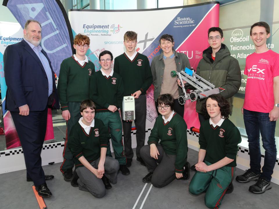 <p>Calasanctius College students, recipients of the Judges Award, pictured with ATU Galway Head of School of Engineering Professor Graham Heaslip, sponsor Ryan Reich from Boston Scientific, teacher Joann Dempsey on Thursday, 19 January 2023 at ATU Galway VEX VRC 2023 competition. Photo by Martina Regan.</p>
