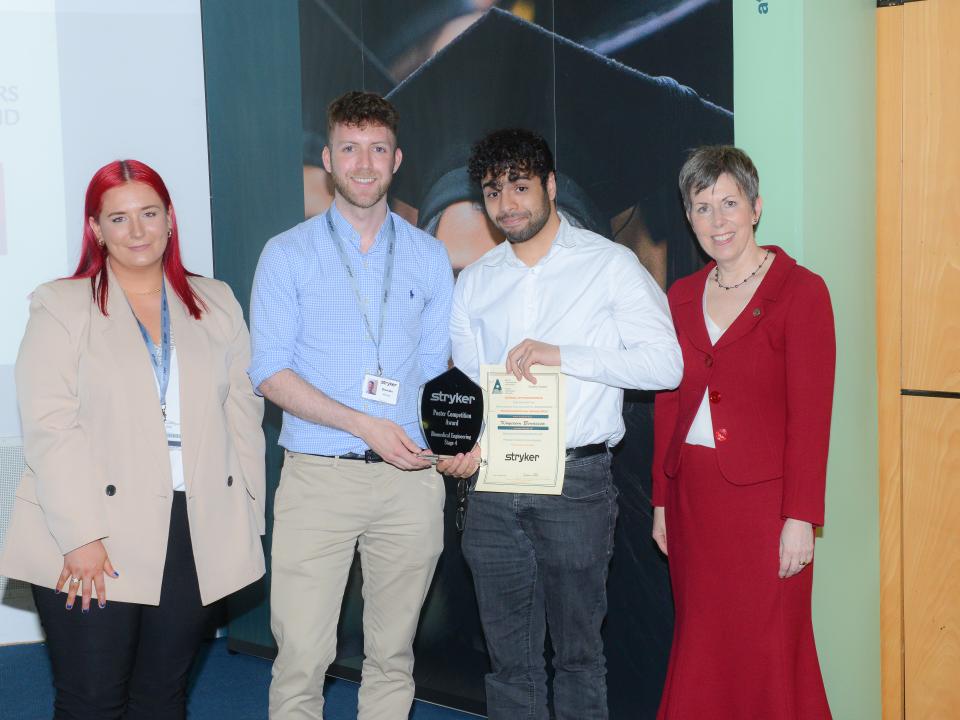 <p>Biomedical Engineering Competition Winner <br />
L to R: Aoife Earnor, R&D Graduate Engineer and Brendan Kilkenny, Senior Process Engineer, Stryker; Kayceem Benaissa, Biomedical Engineering, Poster Competition Award Recipient; and Dr Orla Flynn, President of ATU. <br />
 </p>
