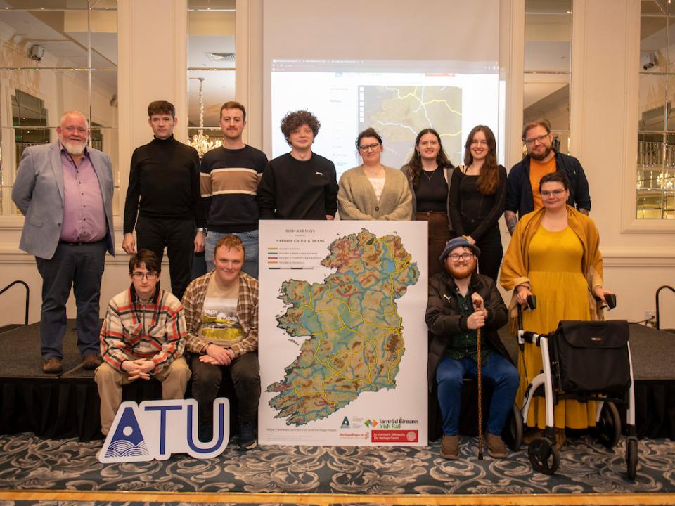 <p>Pictured in the Hardiman Hotel, Galway city, at the launch of the ATU Heritage student project with Irish Rail.<br />
L to R, front row: Pat Reid, Heritage Maps, lecturer Dr Mark McCarthy, ATU Galway city, students Jake Justice, Seamie Minogue, Áine McCafferty, Claire McPhilips, Orlagh Diskin, and lecturer Gary Dempsey, ATU Galway city. L-R, front row: ATU Heritage students Sean Stephens, Cathal Greene, Mark O'Boyle, and Skyler Driscoll. </p>

<p>[Photo: Andrew Downes]<br />
 </p>
