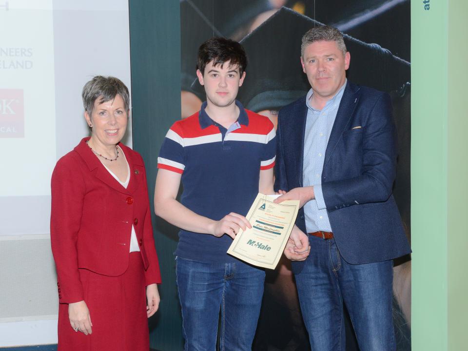<p>Agricultural Engineering Competition Winner <br />
L to R: Dr Orla Flynn, President of ATU; Eoin McLoughlin, Agricultural Engineering, Poster Competition Award recipient; and Donal Collins, R&D Manager, McHale.</p>
