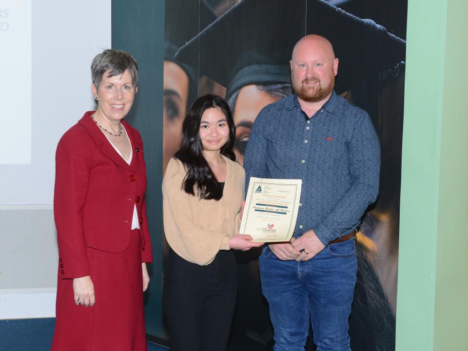 <p>Energy Engineering Competition Winner <br />
L to R: Dr Orla Flynn, President of ATU; Qistina Binti Ab Halim, Energy Engineering, Poster Competition Award recipient; and Shane Kelly, Director, Unitherm.</p>
