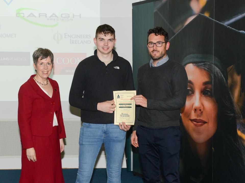 <p>Manufacturing Engineering Design Competition Winner <br />
L to R: Dr Orla Flynn, President of ATU; Cathal Monaghan, Manufacturing Engineering Design, Poster Competition Award recipient; and Gerard Forde, Project Manager, Boston Scientific.<br />
 </p>
