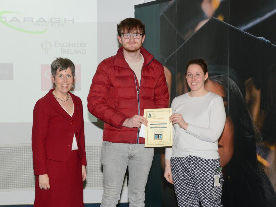 <p>Mechanical Engineering – Energy Specialisation Competition Winner <br />
L to R: Dr Orla Flynn, President of ATU; Karl Holmes, Mechanical Engineering – Energy Specialisation, Poster Competition Award recipient; and Niamh Dolan, Mechanical Design Engineer, Thermo King.</p>
